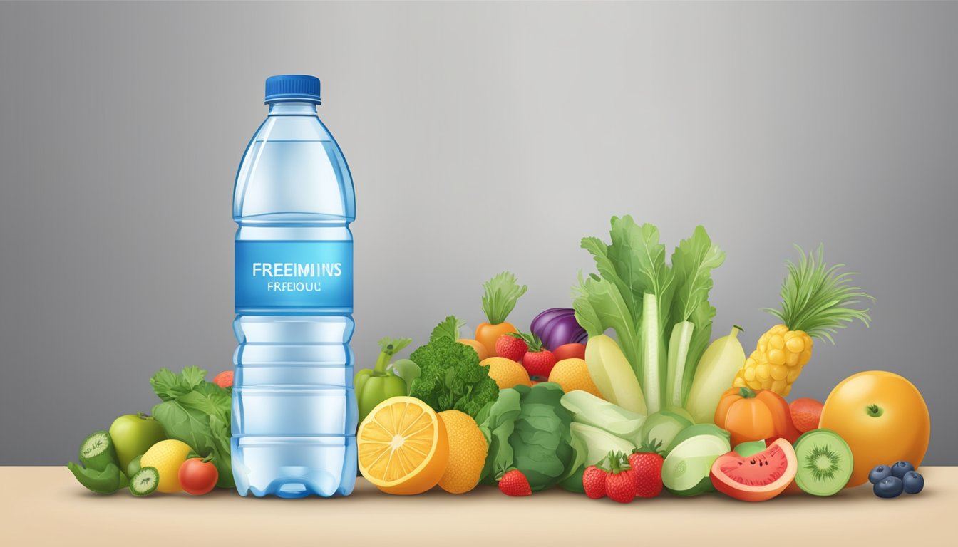 A clear plastic bottle of water surrounded by fresh fruits and vegetables, with a nutrition label in the background