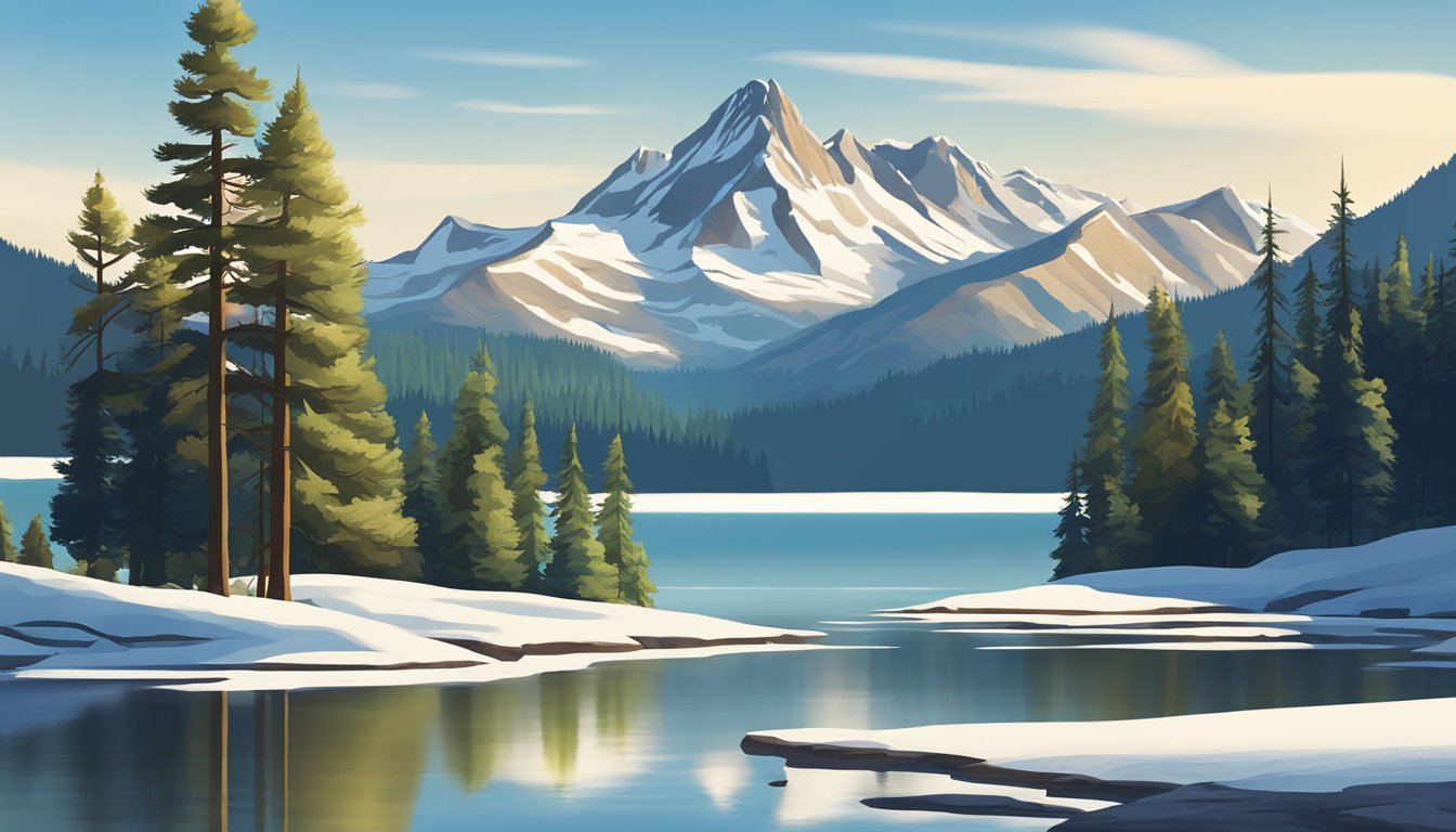 A serene mountain lake surrounded by tall pine trees, with a clear blue sky and snow-capped peaks in the distance