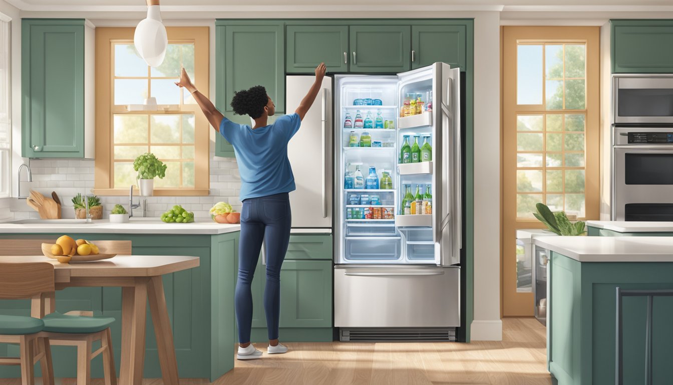 A person reaching for a bottle of Tahoe bottled water from a refrigerator shelf in a modern, clean kitchen