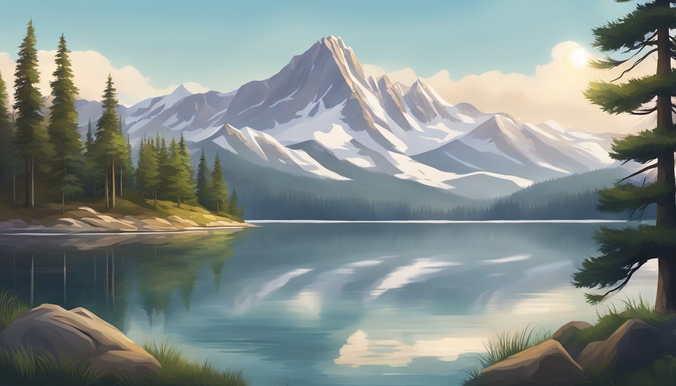 A serene mountain landscape with a clear, pristine lake surrounded by tall pine trees and snow-capped peaks