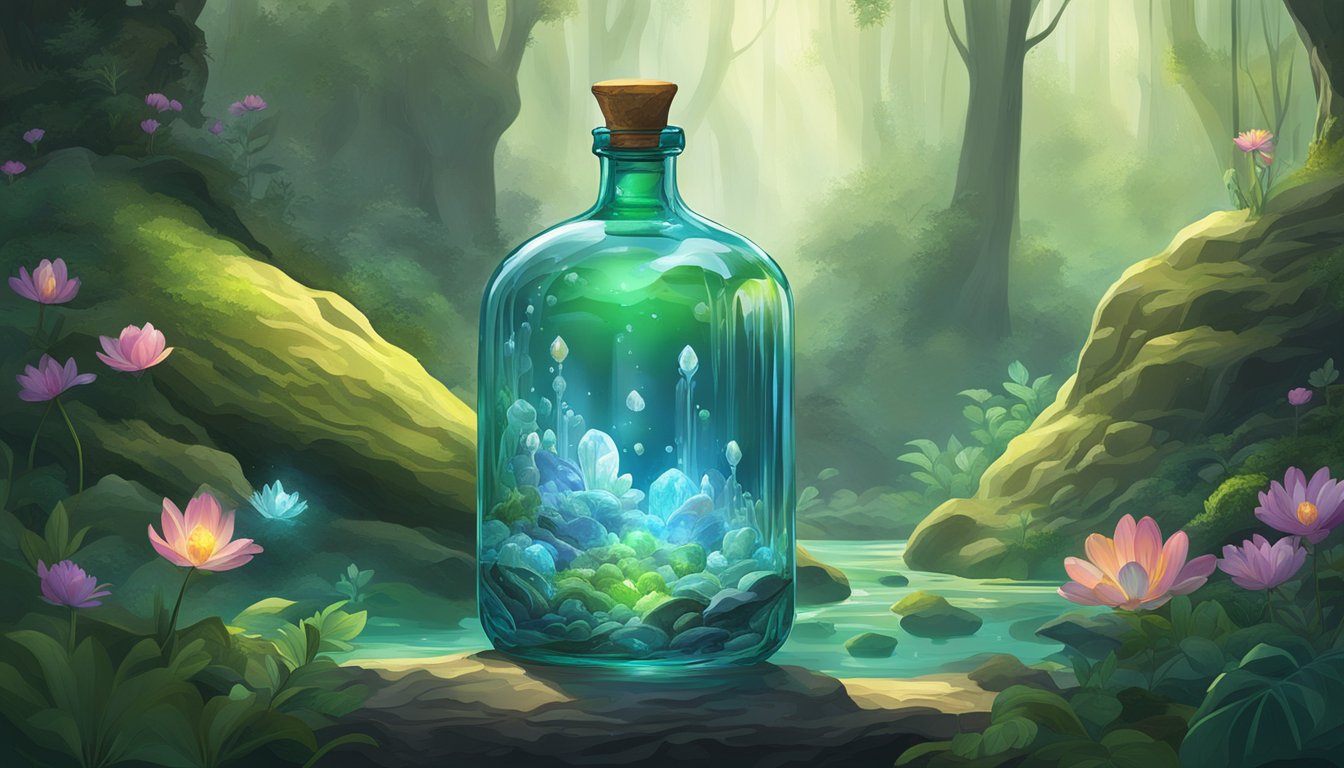 A serene forest spring gushing from an otherworldly, glowing rock formation, filling a collection of ornate, crystal-clear glass bottles