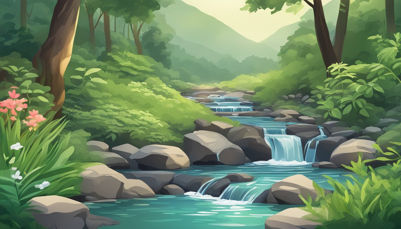 A serene mountain spring surrounded by lush greenery, with a clear stream of water flowing into a glass bottle