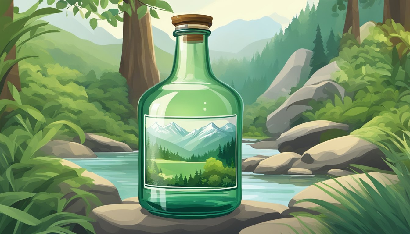 A serene mountain spring surrounded by lush greenery, with a clear, tranquil stream flowing into a pristine, glass bottle labeled "ZenWTR."