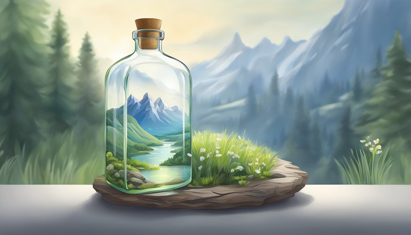 A serene mountain spring flows into a clear, glass bottle