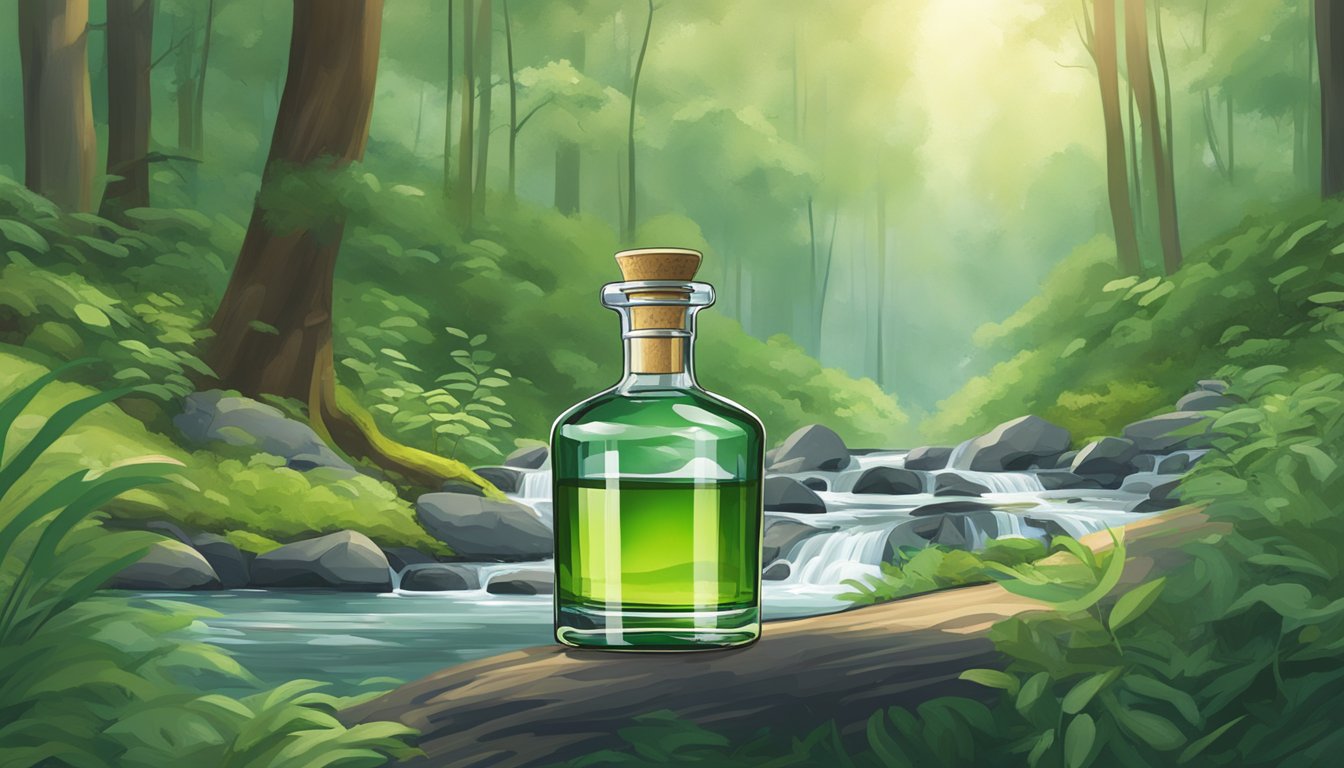 A tranquil forest stream flowing through lush greenery, with a clear, glass-like bottle of zenwtr nestled among the natural surroundings