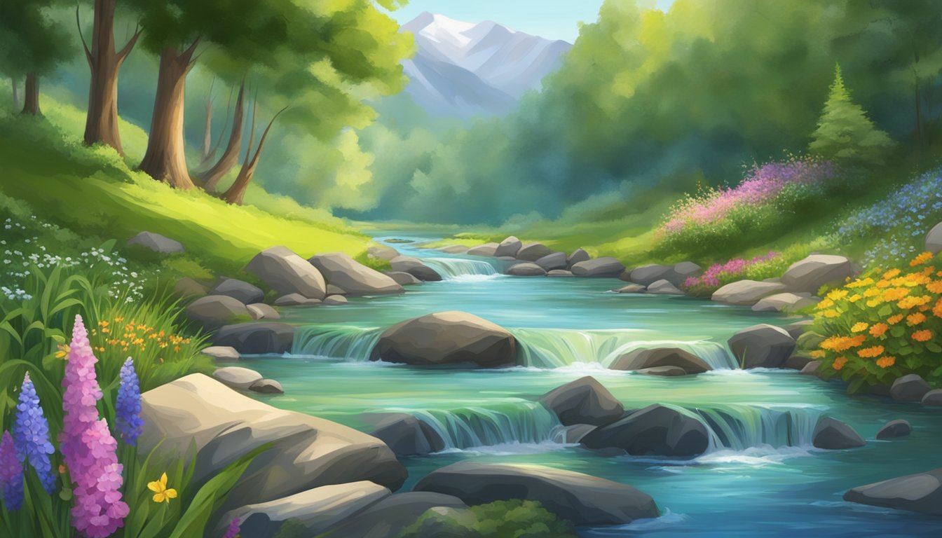 A serene mountain spring flows into a crystal-clear stream, surrounded by lush green foliage and vibrant wildflowers