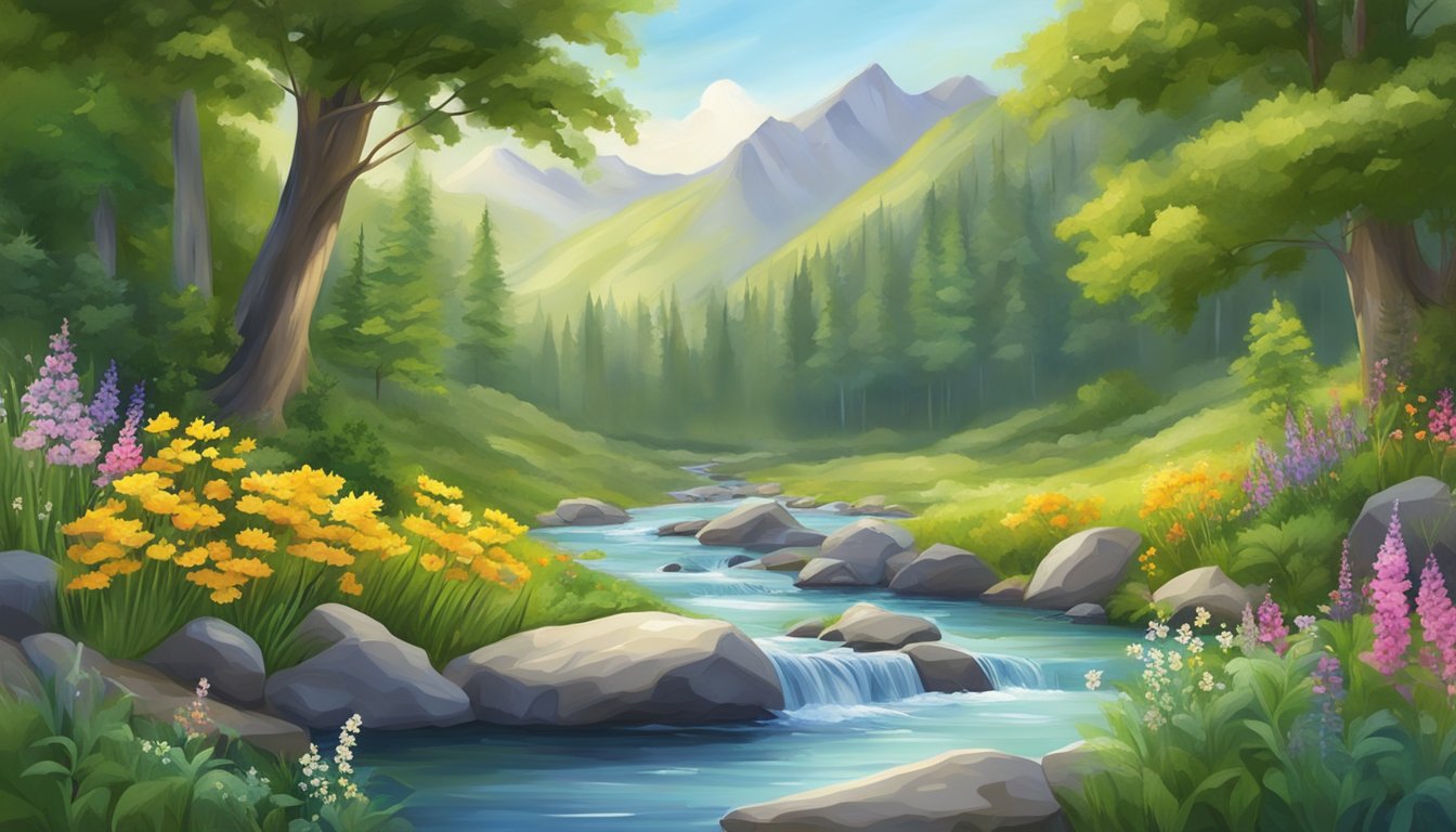 A serene mountain spring flows into a crystal-clear stream, surrounded by lush greenery and vibrant wildflowers