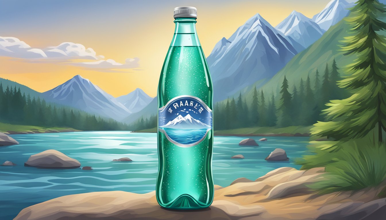 A sparkling water bottle surrounded by pristine mountains and flowing rivers