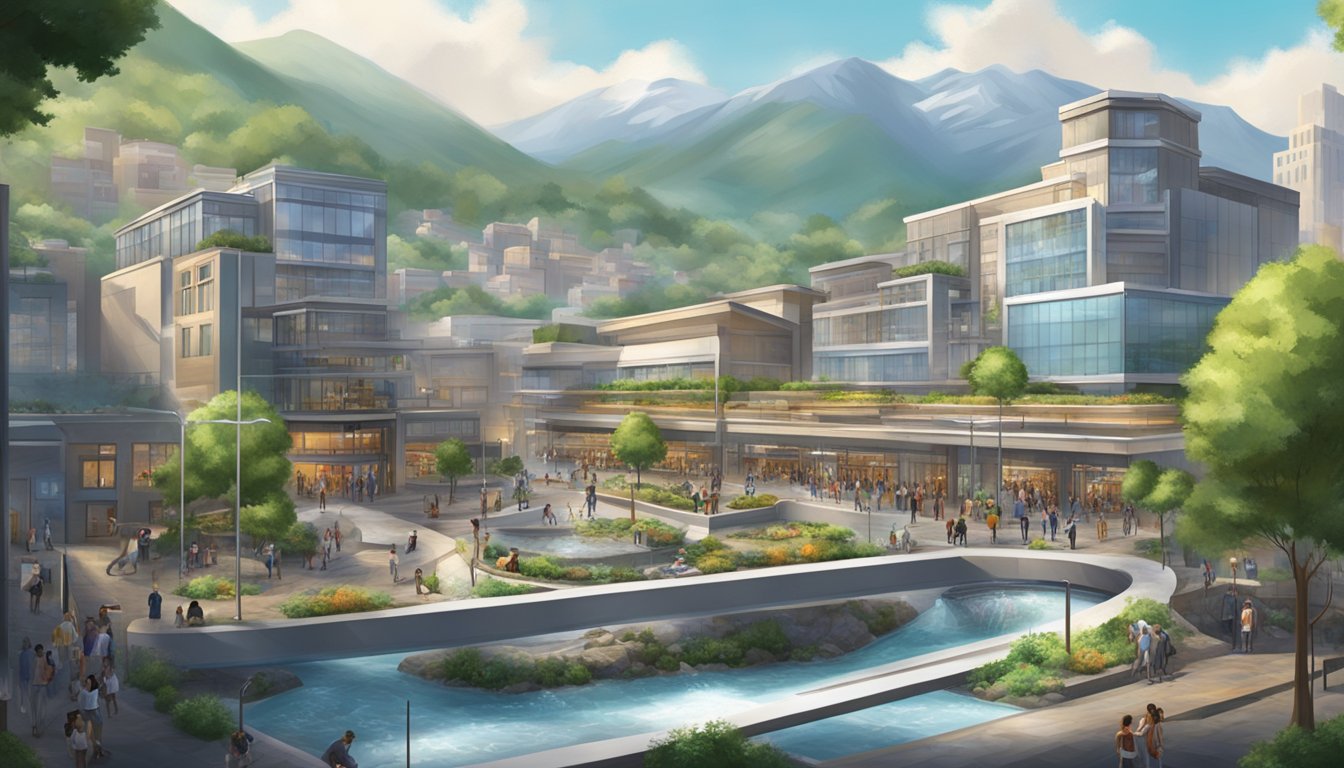 A pristine mountain spring gushes into a sleek, modern factory nestled in a lush valley, contrasting with bustling city streets and crowded store shelves