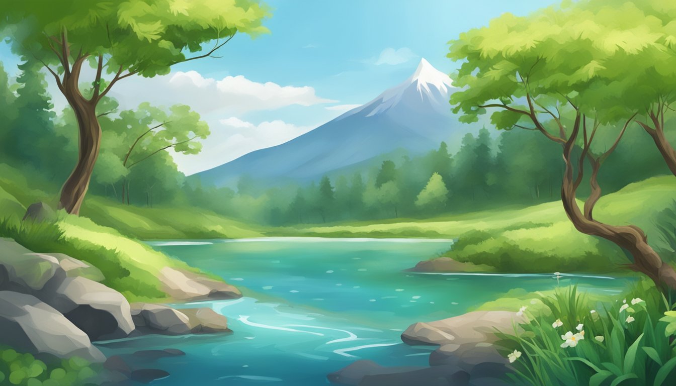 A serene mountain spring surrounded by lush vegetation, with a clear stream flowing into a pristine lake