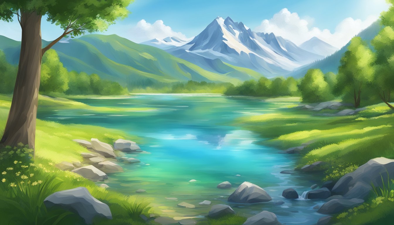 A pristine mountain spring surrounded by lush greenery, with a clear stream flowing into a crystal-clear lake