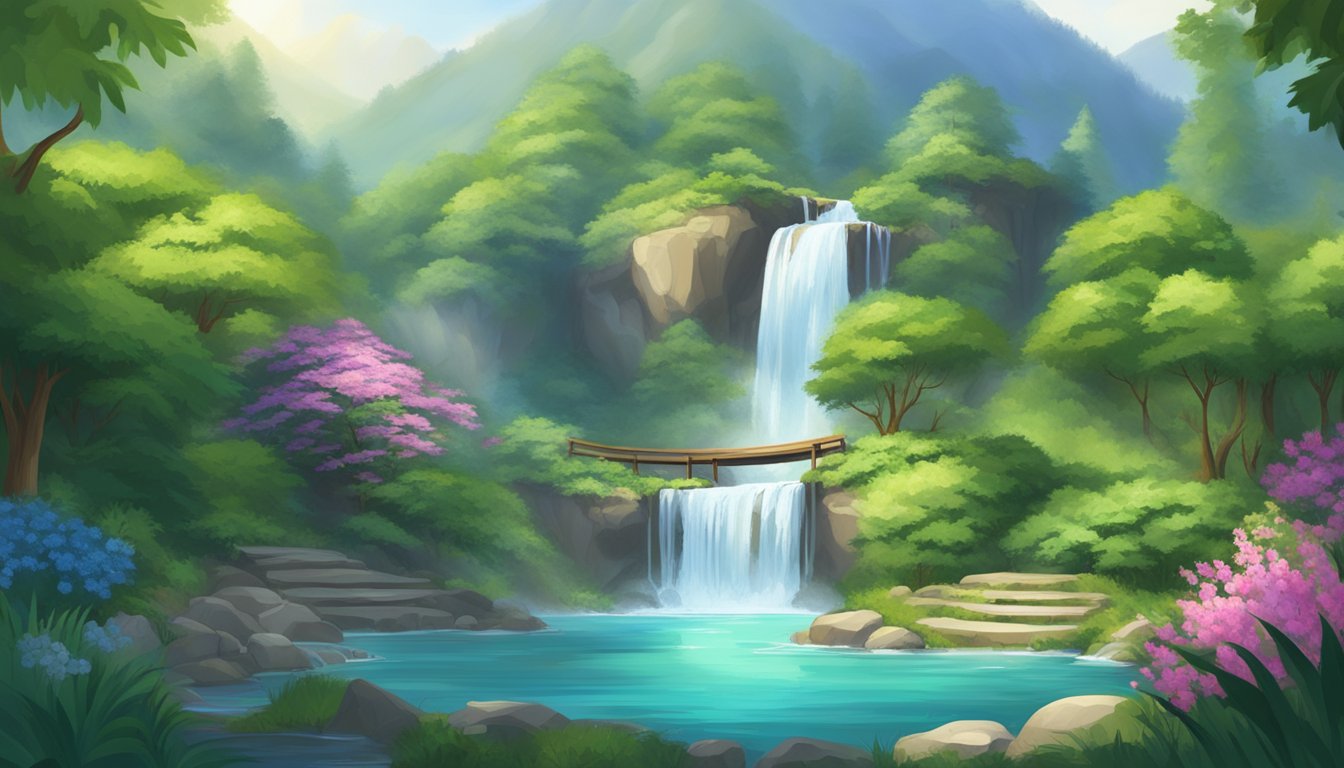 A serene mountain spring surrounded by lush greenery, with a clear, sparkling waterfall cascading into a pristine pool