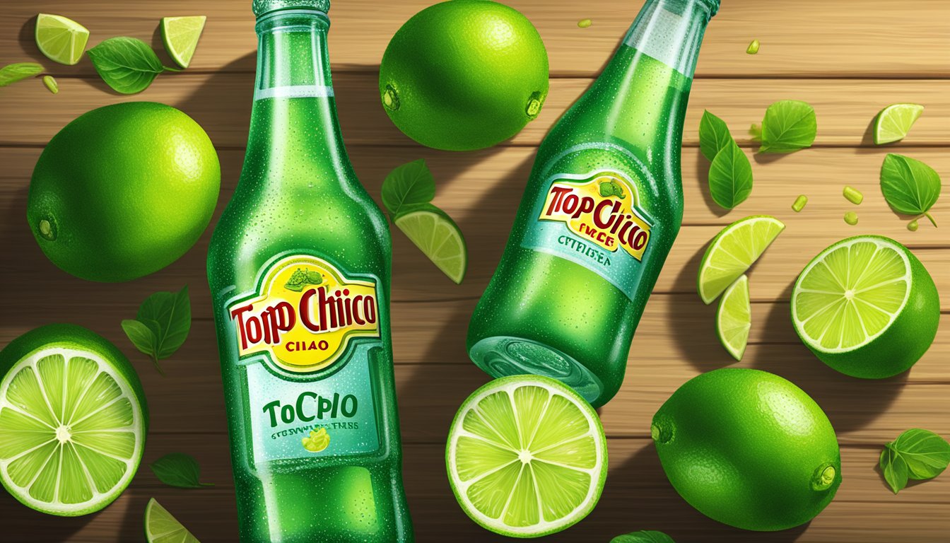 A sparkling glass bottle of Topo Chico stands on a rustic wooden table, surrounded by vibrant green lime slices and ice cubes. The condensation on the bottle reflects the soft light, creating a refreshing and inviting scene