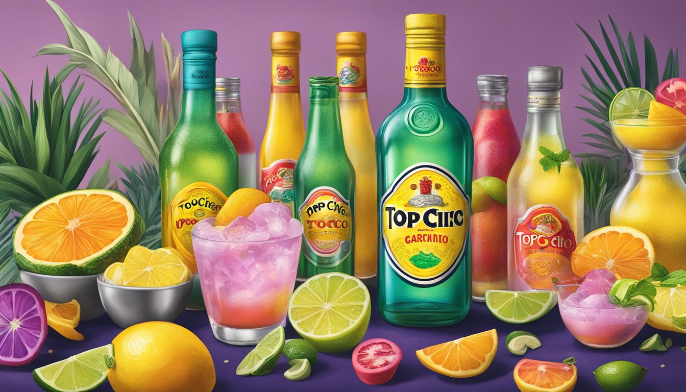 A vibrant bar scene with a bottle of Topo Chico surrounded by colorful mixology ingredients and garnishes