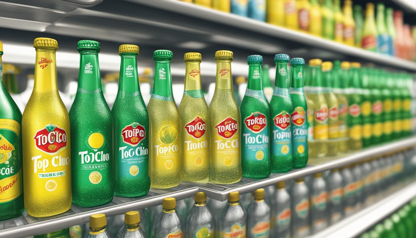 A sparkling Topo Chico bottle stands out among other bottled water brands on a crowded market shelf