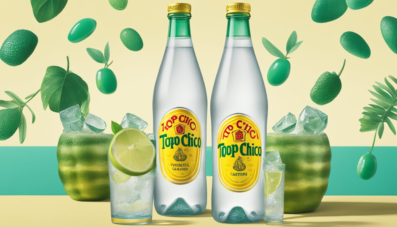 A crystal-clear bottle of Topo Chico water stands on a sleek, modern countertop, surrounded by symbols of quality and safety standards