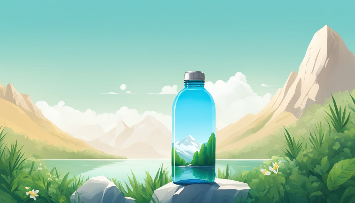 A pristine mountain spring surrounded by lush greenery, with a clear blue sky overhead and a sleek, modern water bottle standing out against the natural backdrop