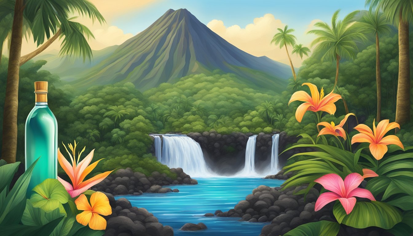 A lush Hawaiian landscape with a volcanic mountain in the background, a pristine waterfall flowing into a crystal clear stream, and a bottle of Hawaii volcanic water nestled among the natural surroundings