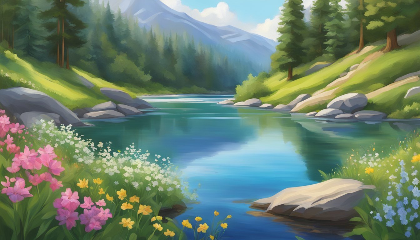 A serene mountain spring flows into a clear, pristine lake surrounded by lush greenery and vibrant wildflowers