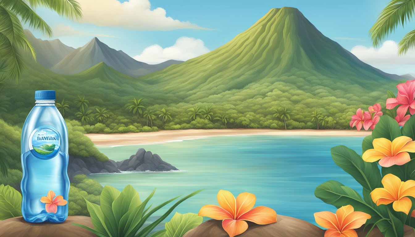 A serene Hawaiian volcanic landscape with a variety of bottled water packaging options displayed prominently