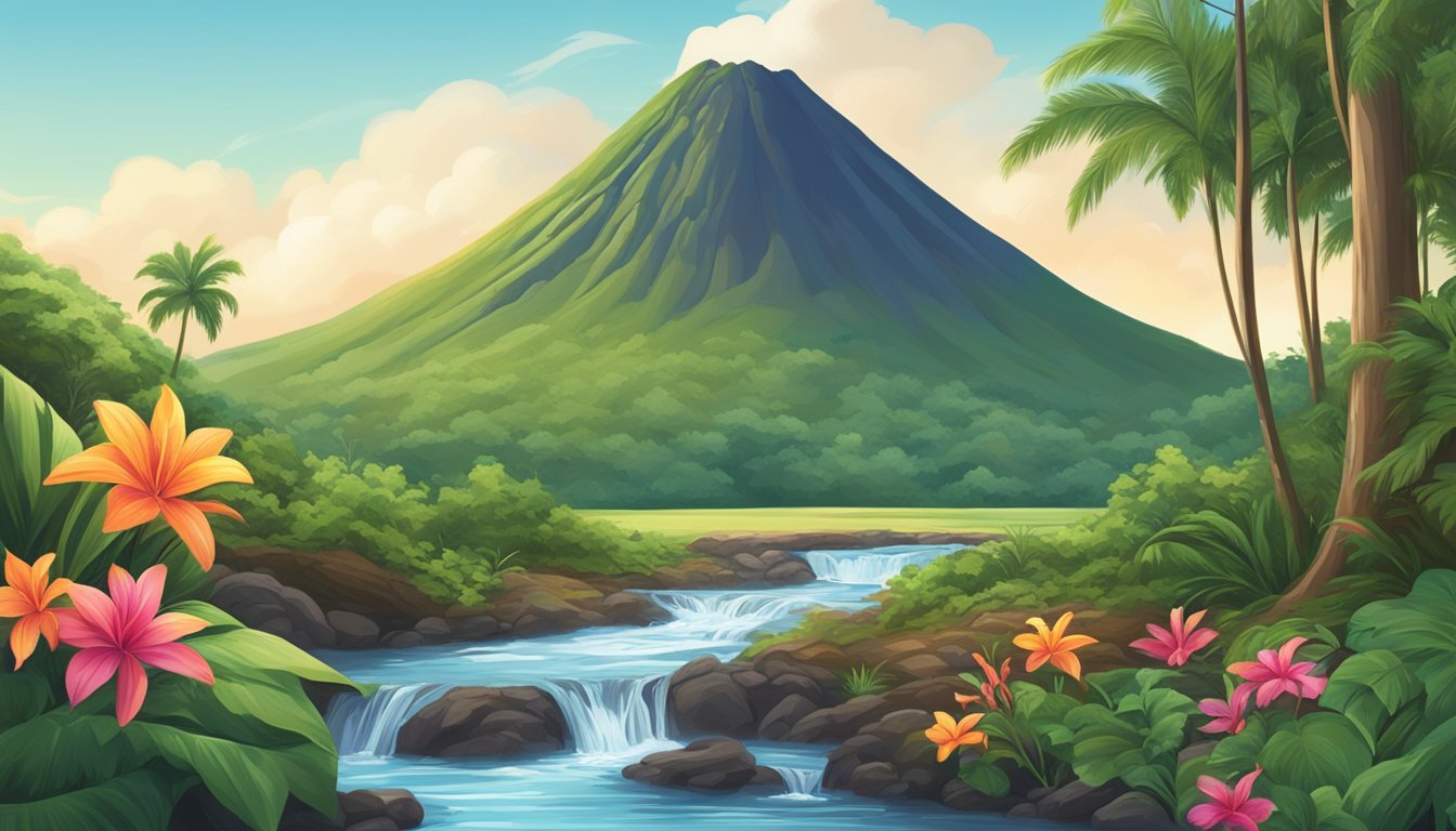 A serene Hawaiian volcano surrounded by lush greenery, with a clear, pristine stream flowing from its base, leading to a bottle of Hawaii Volcanic water