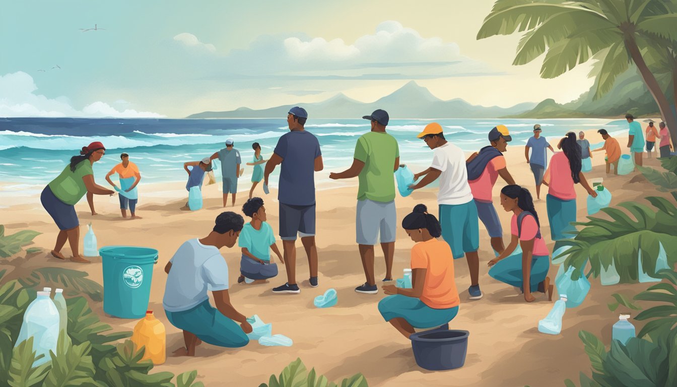 A group of people in a Hawaiian community gathering to clean up a beach and distribute bottles of volcanic water to those in need