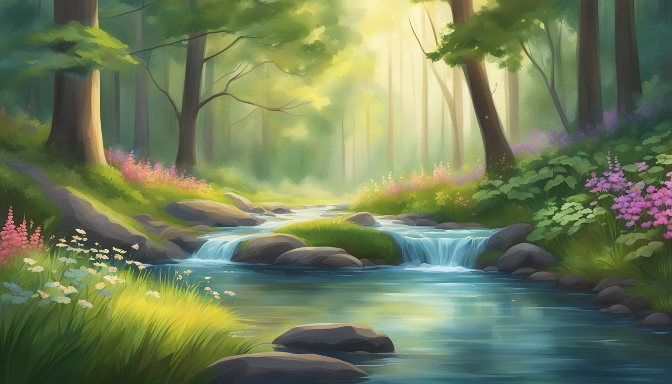 A serene forest with a clear stream flowing through, surrounded by lush greenery and vibrant wildflowers