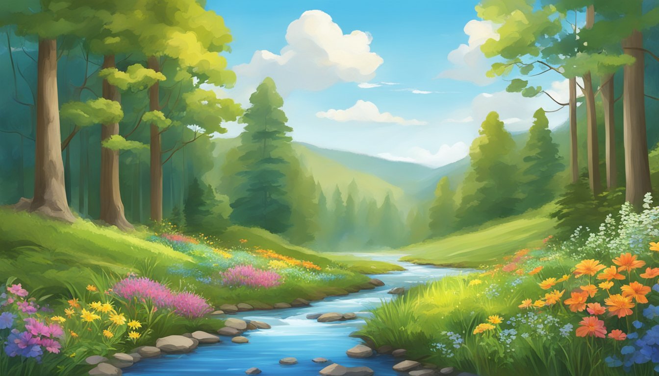 A serene forest scene with a clear stream flowing, surrounded by lush greenery and colorful wildflowers under a bright blue sky