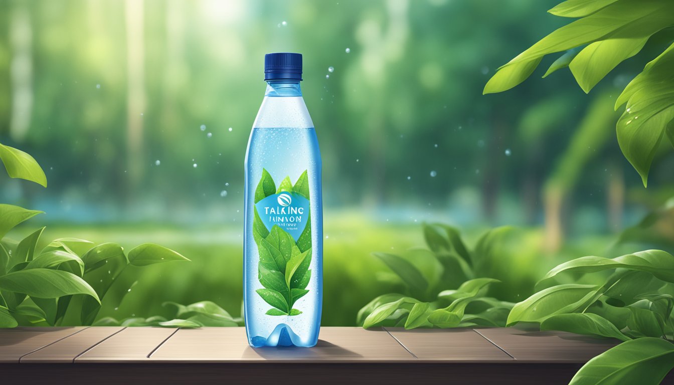 A refreshing bottle of Talking Rain AQA water stands on a sleek, modern table, surrounded by vibrant greenery and glistening with condensation