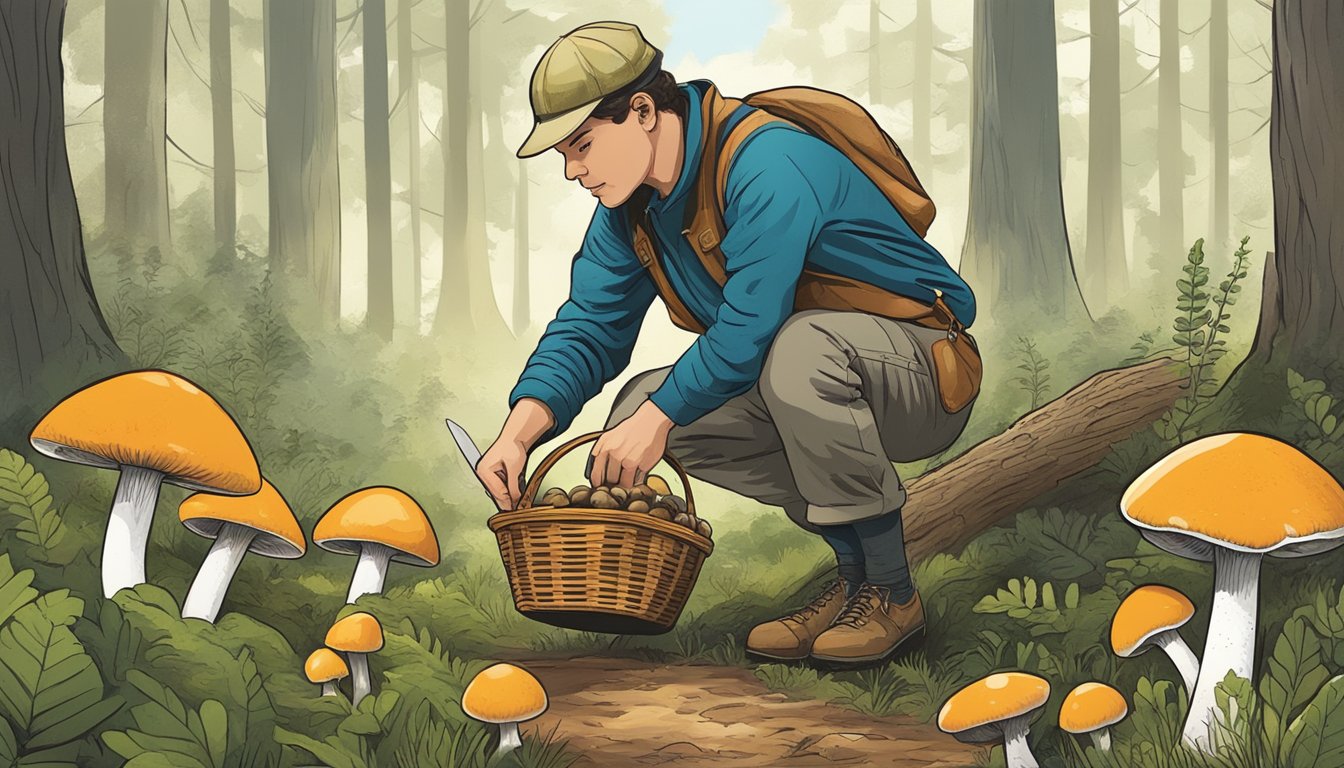 A person foraging for two colored boletes in a forest clearing, with a basket of mushrooms and a knife at their side