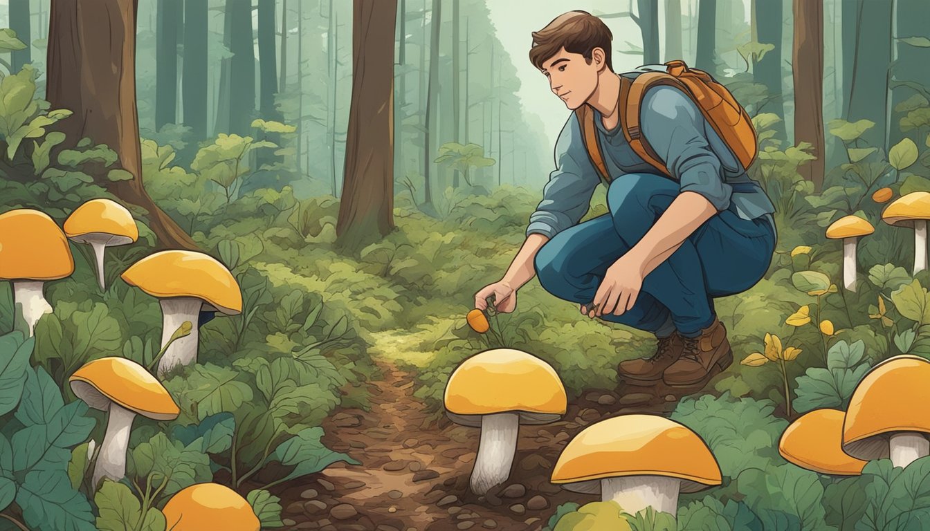 A person foraging in a forest, picking two colored boletes from the ground, surrounded by various plants and trees