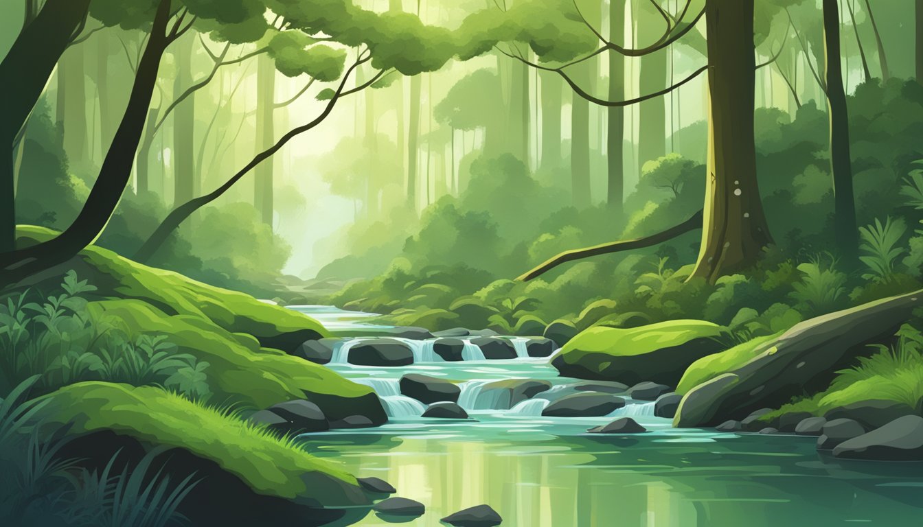 A serene forest with a clear stream flowing through it, surrounded by lush greenery and wildlife, with a bottle of rain water resting on a moss-covered rock