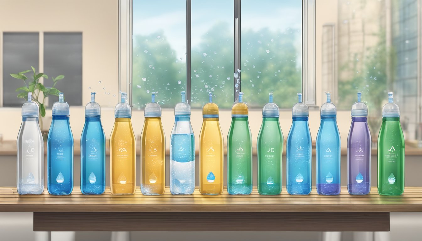 A table with various alkaline water bottles lined up for comparison, with Talking Rain and Aqa prominently displayed