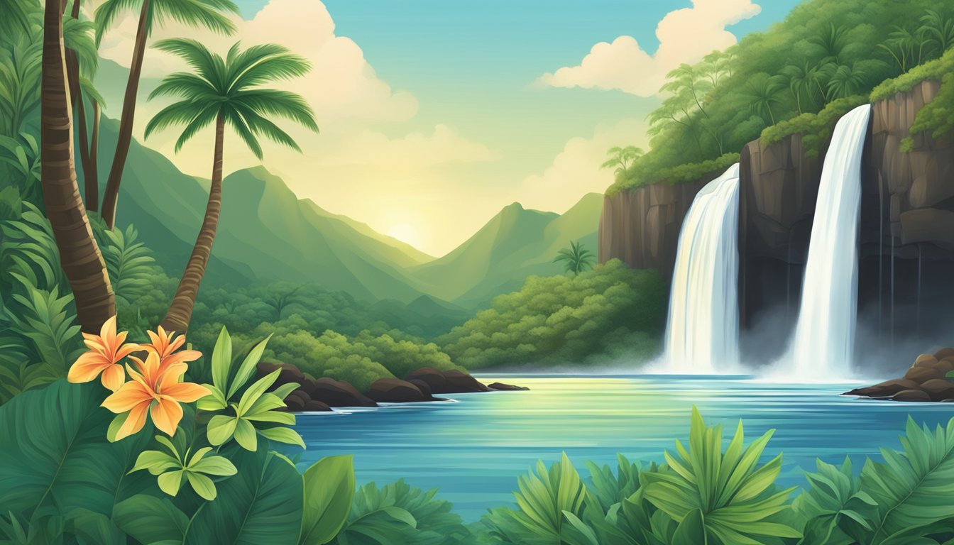 A serene Hawaiian landscape with a cascading waterfall surrounded by lush greenery, with a sleek and modern bottle of Waiakea Water as the focal point