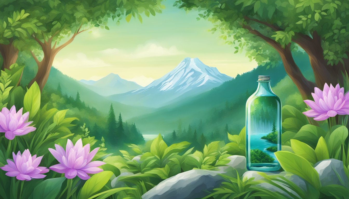 A clear, serene mountain spring gushes into a pristine, untouched bottle, surrounded by lush green foliage