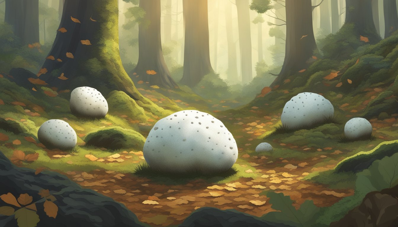 Giant puffballs growing in a forest clearing, surrounded by fallen leaves and moss. A small animal forages for food nearby