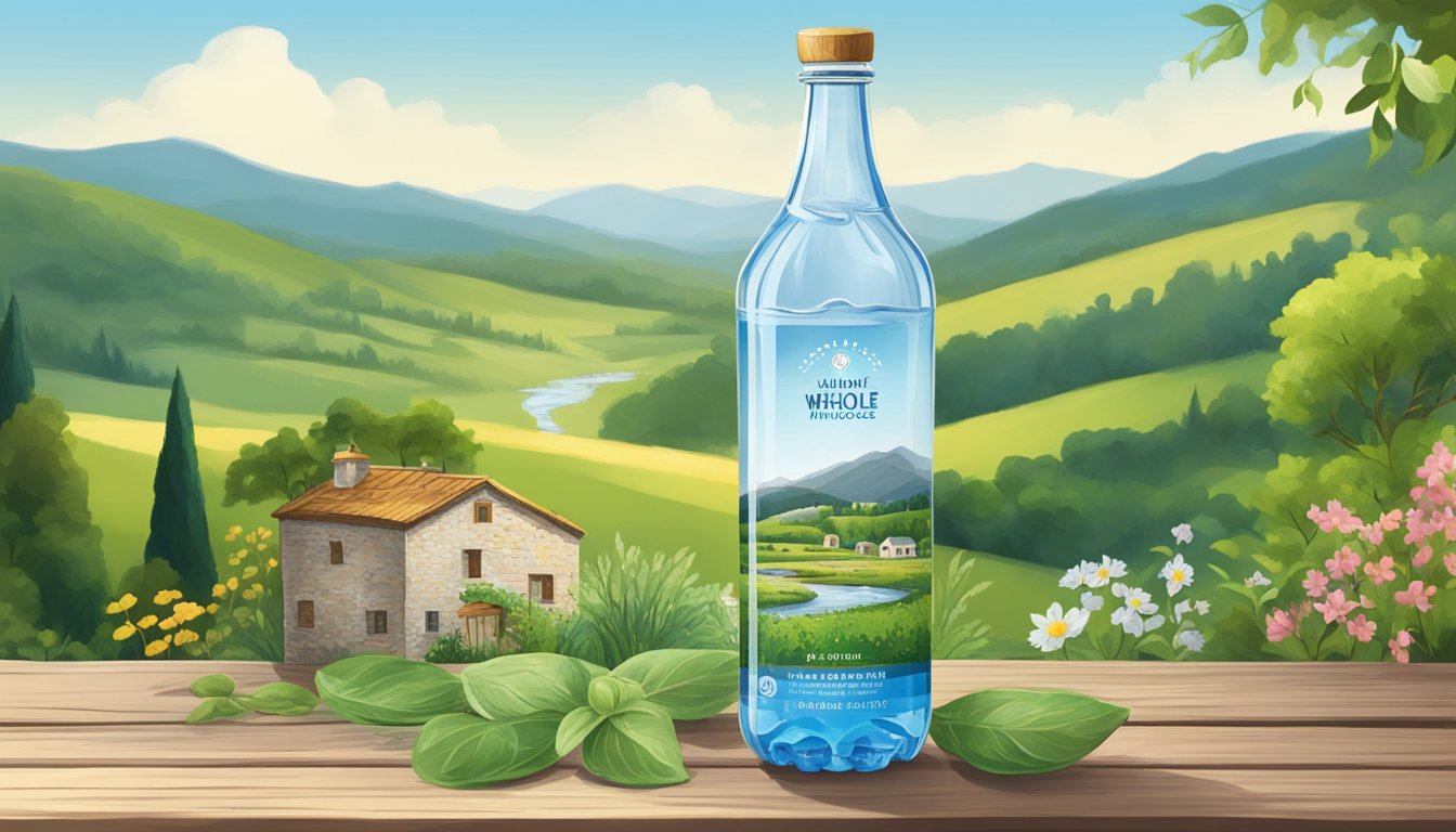 A serene Italian countryside with a flowing stream surrounded by lush greenery and vibrant wildflowers. A crystal-clear bottle of Whole Foods Italian still mineral water sits on a rustic wooden table, radiating freshness and purity