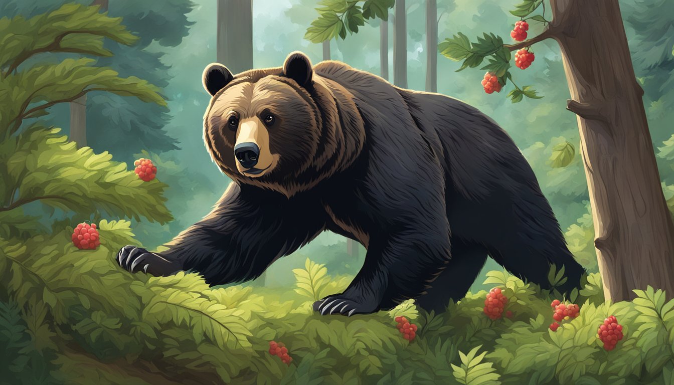 A bear reaching for ripe berries on a bush in a lush forest clearing