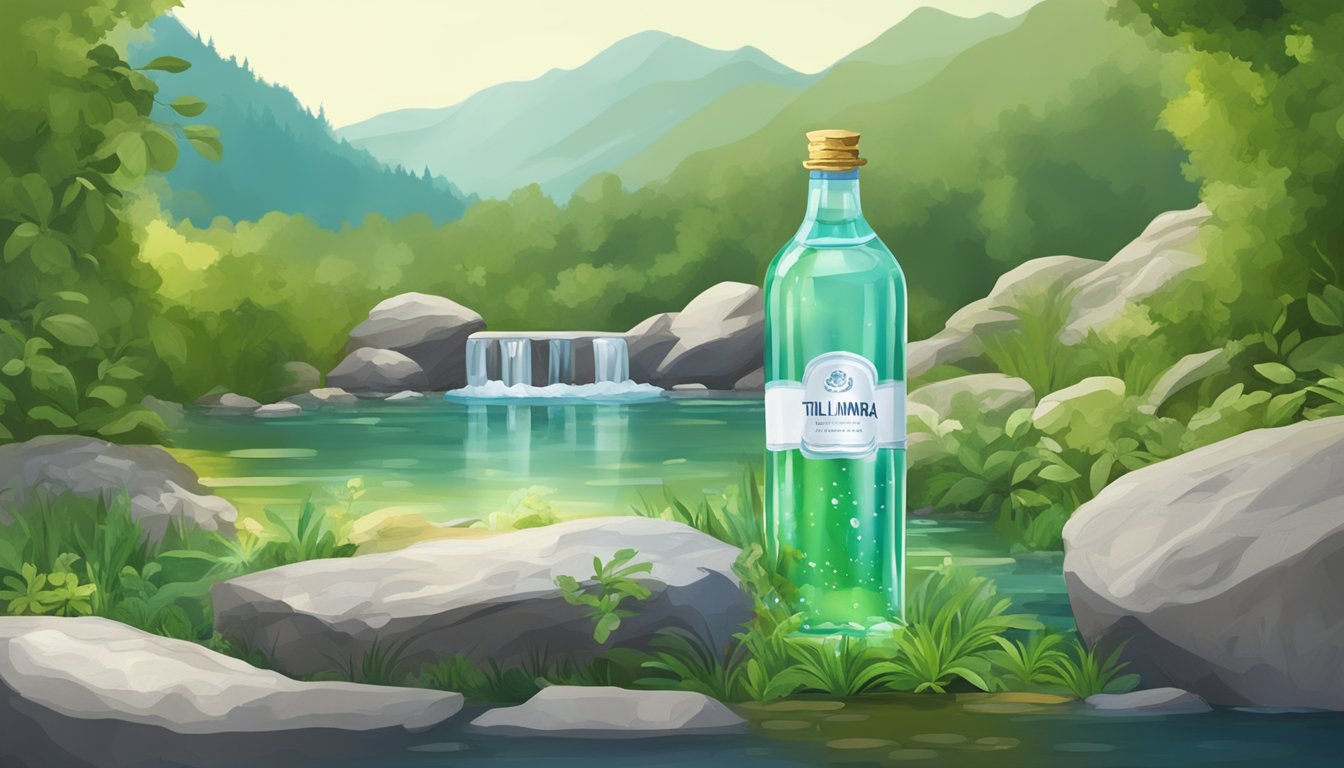 A pristine Italian mountain spring surrounded by lush greenery, with a clear glass bottle of still mineral water standing on a rock