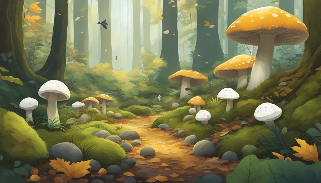 A lush forest floor with giant puffballs growing amidst fallen leaves and moss. Birds and small animals forage around the mushrooms