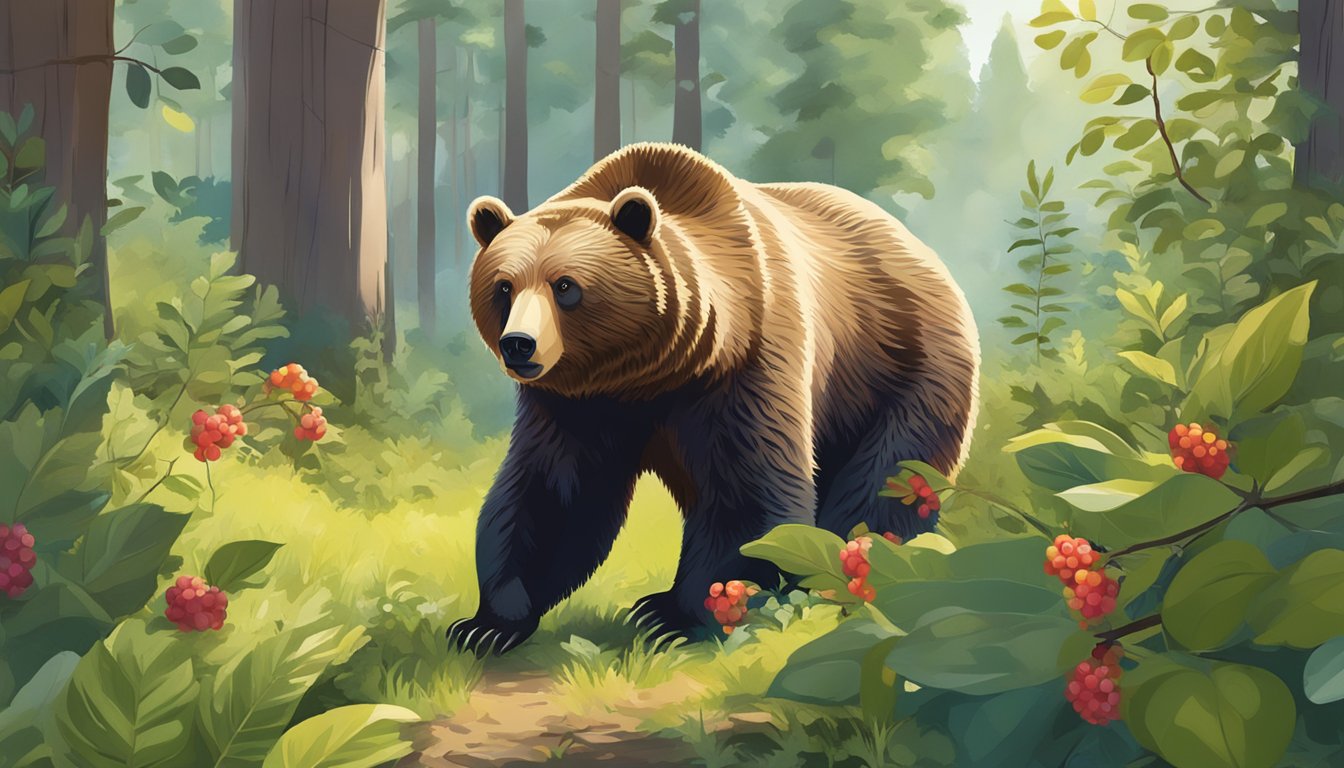 A bear in a lush forest, picking ripe berries from a bush on a sunny day