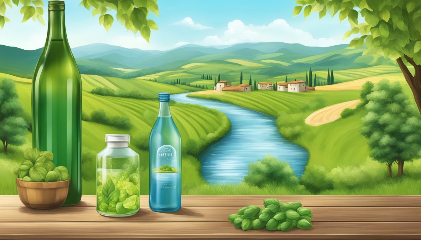 A serene Italian countryside with a flowing stream surrounded by lush green hills, where bottles of Whole Foods Italian still mineral water are displayed on a wooden table