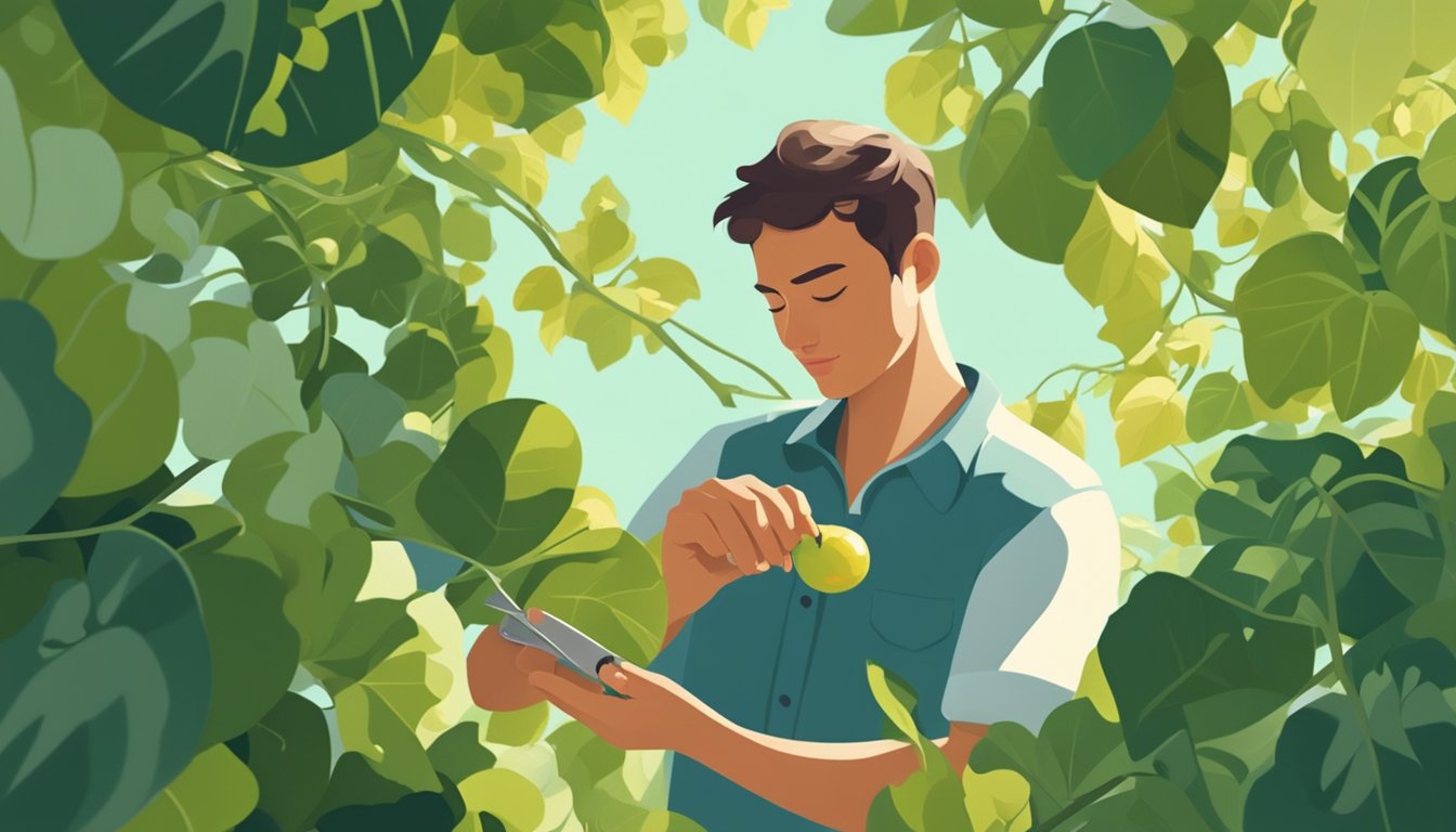 A person using a small knife to carefully cut ripe sweet tooth fruit from a vine, surrounded by lush green foliage and dappled sunlight