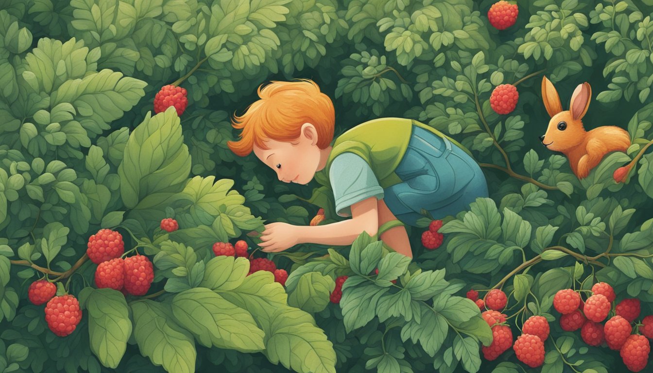 A person gently plucking ripe berries from a bush, surrounded by lush green foliage and small woodland creatures