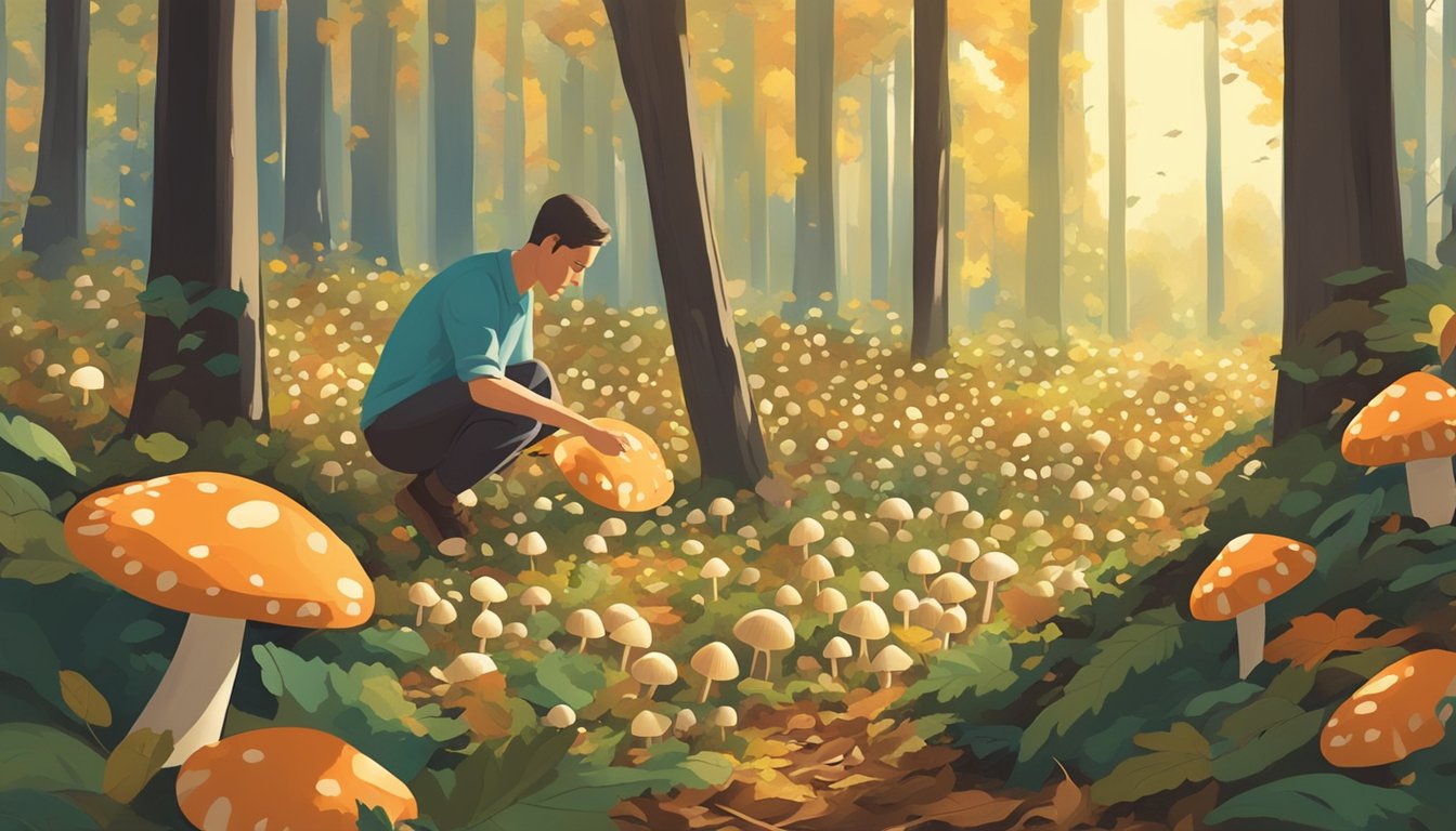 A person picking sweet tooth mushrooms in a lush forest clearing, surrounded by fallen leaves and dappled sunlight filtering through the trees