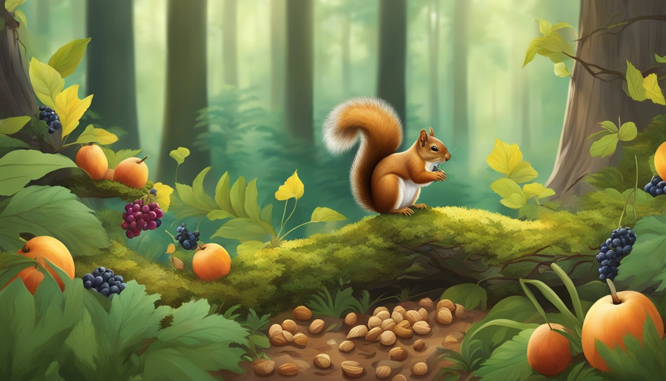 A squirrel gathering nuts and berries in a lush forest clearing