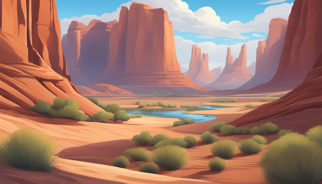 A serene desert landscape with towering red rock formations, a winding river, and a clear blue sky