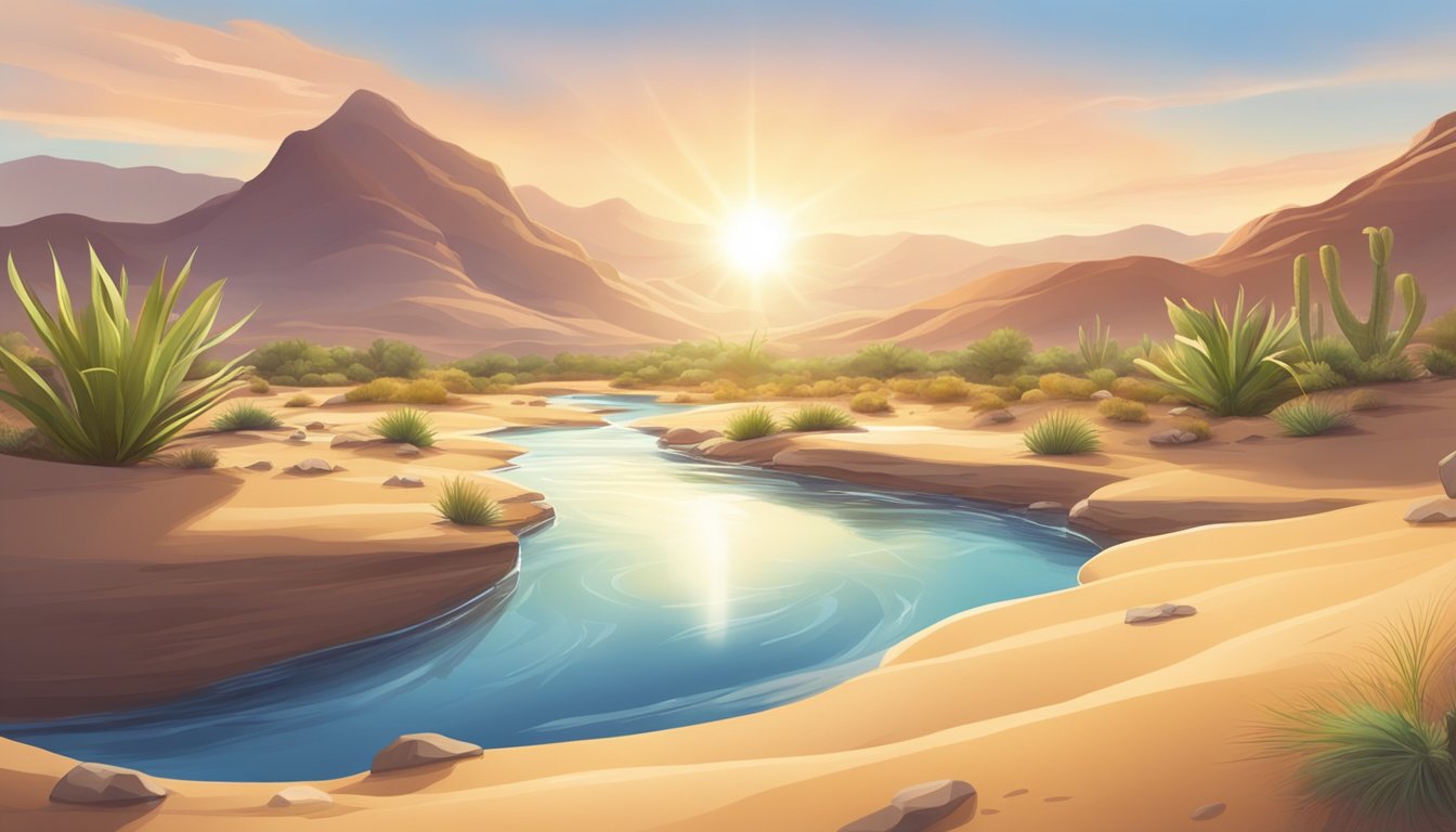 A serene desert landscape with a clear, flowing stream surrounded by vibrant, healthy plants. The sun shines down, highlighting the purity of the water