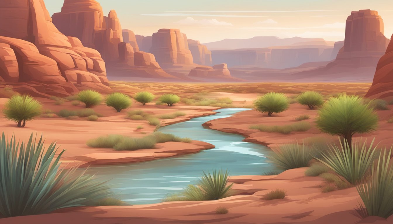 A tranquil desert landscape with a flowing stream, surrounded by red rock formations and lush vegetation