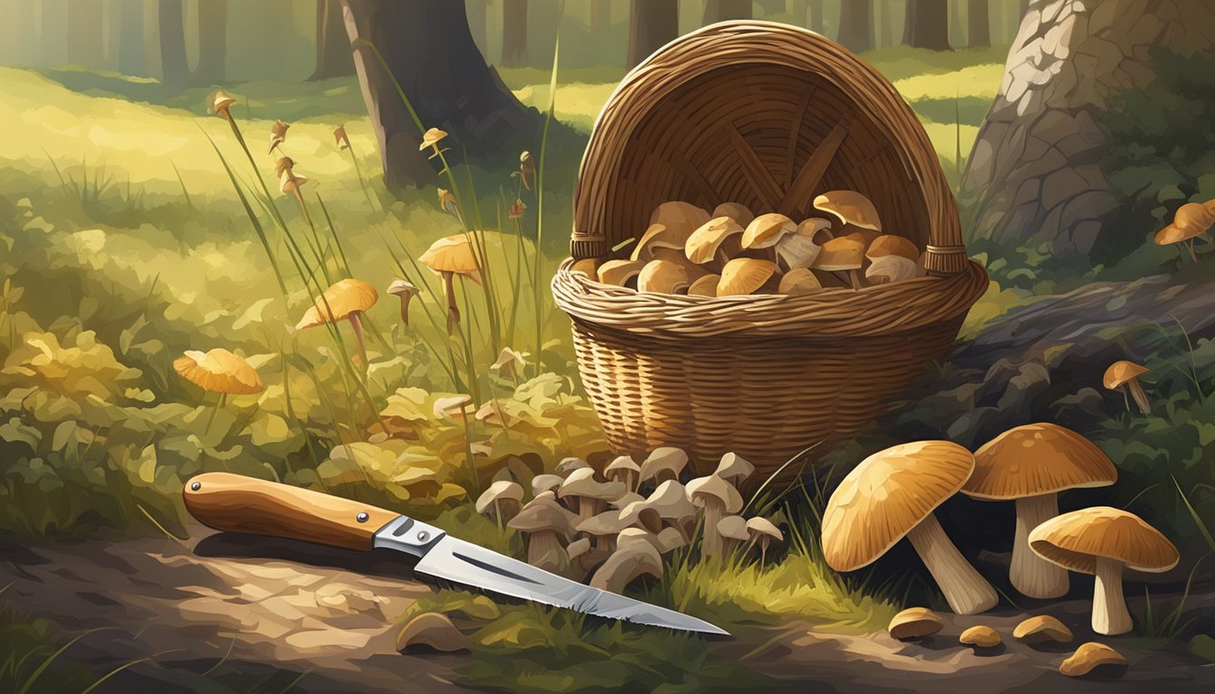 A wicker basket and knife lay on the ground near a cluster of wild mushrooms in a sun-dappled meadow